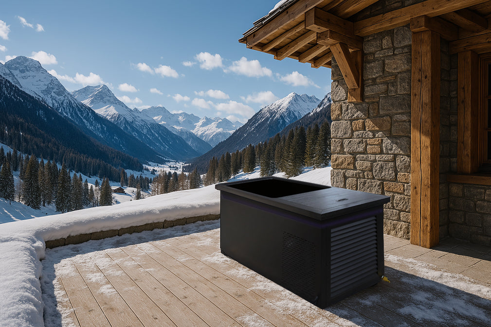 Chill Tubs Obsidian V2 – stilvoll platziert auf einer Chalet-Terrasse mit Blick auf verschneite Alpen