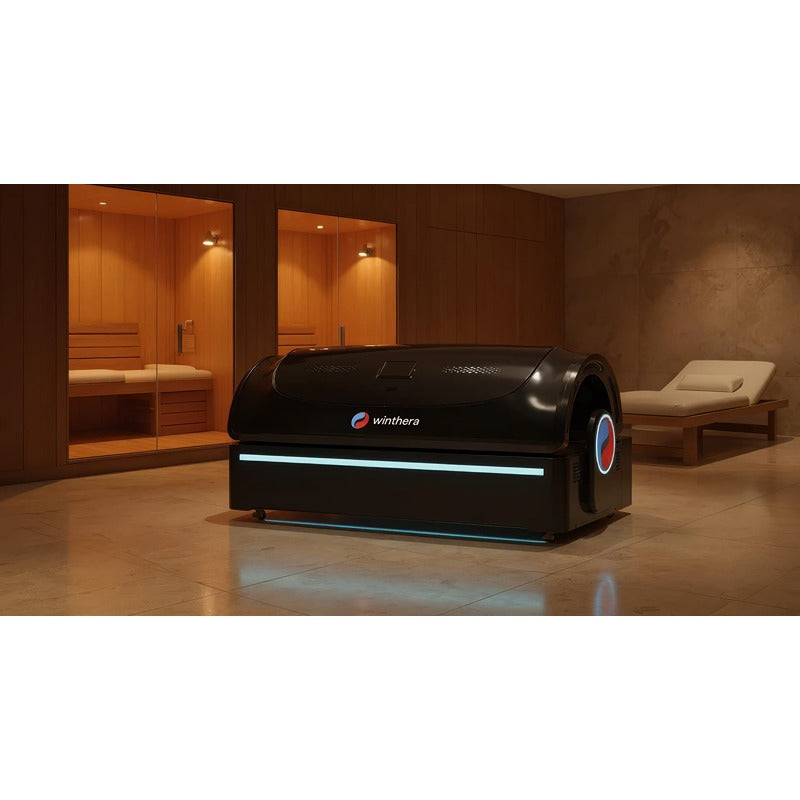 Winthera Red Bed in schwarzer Ausführung – stilvoll integriert in ein modernes Spa mit Sauna